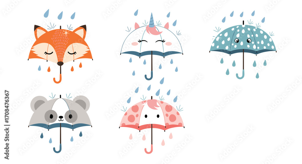 Fototapeta premium Cute woodland animal faces peeking from behind umbrellas in the rain.