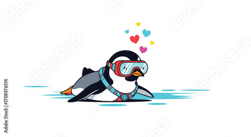 Cute penguin wearing a diving mask and snorkel floating joyfully.