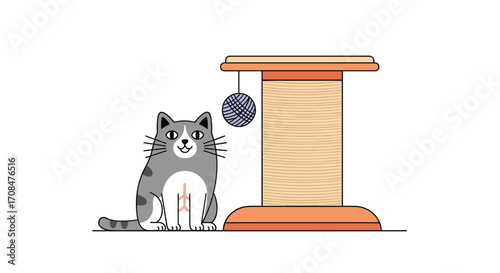 A cute cat is playing with a toy on a scratching post.