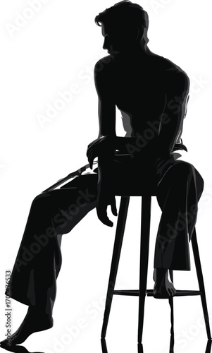 Silhouette of man sitting on tall stool barefoot casual pose modern fashion male figure black and white vector illustration