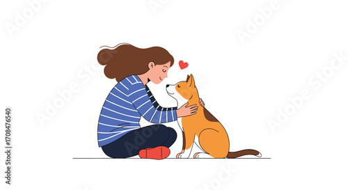 A young woman petting her beloved cat with a heart above them.