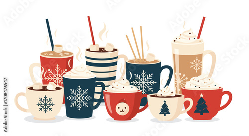 A cozy collection of festive hot chocolate drinks.