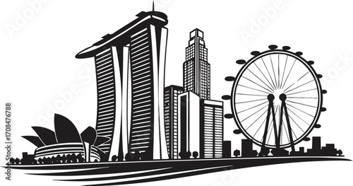 Vector art of singapore skyline silhouette with famous buildings and attractions in black and white style