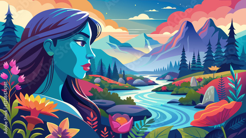 A quiet, misty Kashmir landscape with vibrant flowers in the foreground, a river flowing gently through the scene, reflecting a woman’s face as she gazes into the water, lost in thought. stylized digi