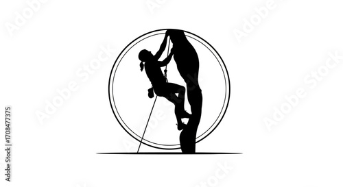 Dynamic woman scaling rocky cliff face, symbolizing achievement and outdoor adventure within a circle frame.