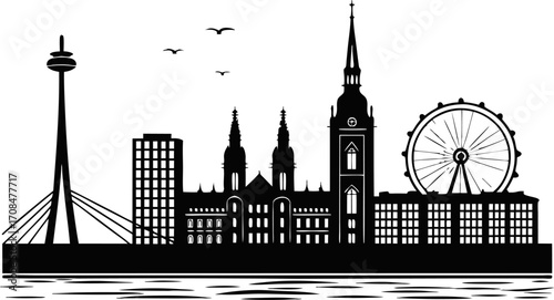 Vector art of dusseldorf skyline silhouette with famous buildings and attractions in black and white style
