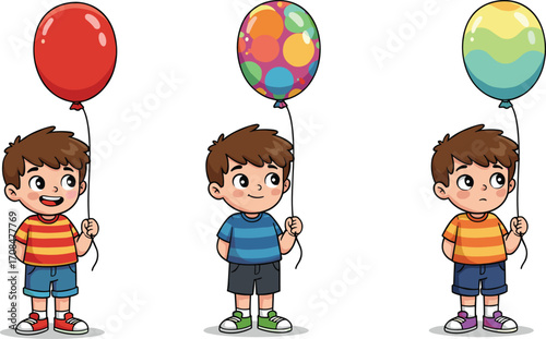 Cartoon boys with balloons, vector children, colorful outfits, playful scene, smiling kids, birthday theme, cheerful illustration, outdoor fun, happy moment, childhood joy