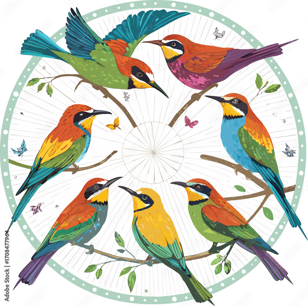 Obraz premium Exotic birds arranged in a circular layout, vivid colors