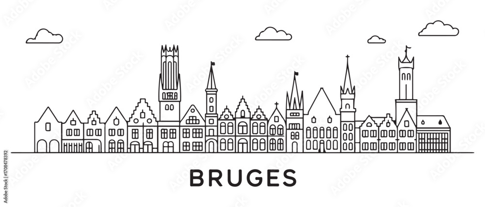 Obraz premium Bruges Line Art skyline horizontal banner. Bruges, Belgium. Vector template for your design. with white background