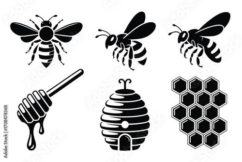 Collection of Bee and Honey Elements,  Black and White Vector Set with Beehive, Honeycomb, Bees, Jars, Flowers, Minimalist Silhouette Icons for Nature, Agriculture, and Organic Design