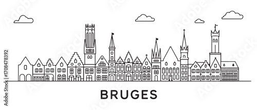 Bruges Line Art skyline horizontal banner. Bruges, Belgium. Vector template for your design. with white background
