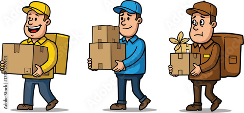 Cartoon delivery workers, courier service illustration, package carriers, logistics team vector, express shipping concept, colorful uniforms, parcel transport, smiling characters