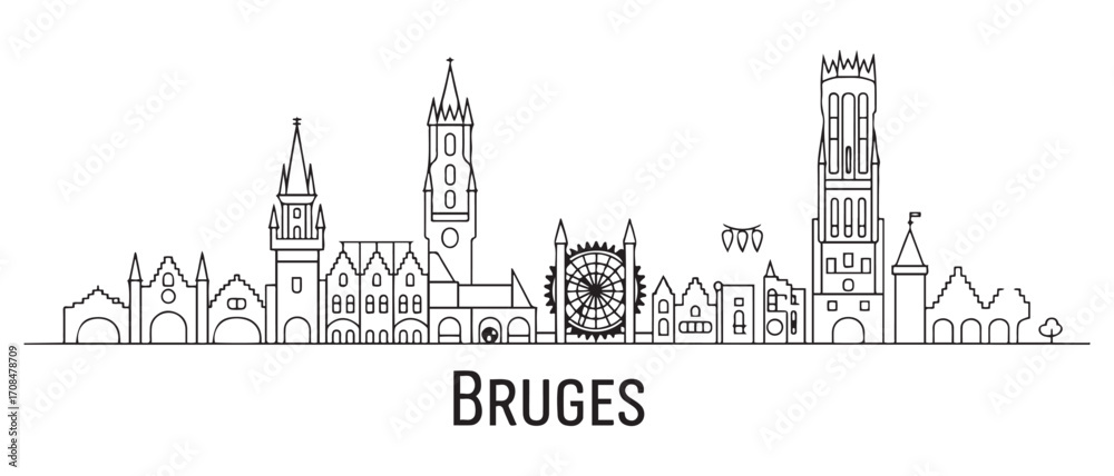 Fototapeta premium Bruges Line Art skyline horizontal banner. Bruges, Belgium. Vector template for your design. with white background