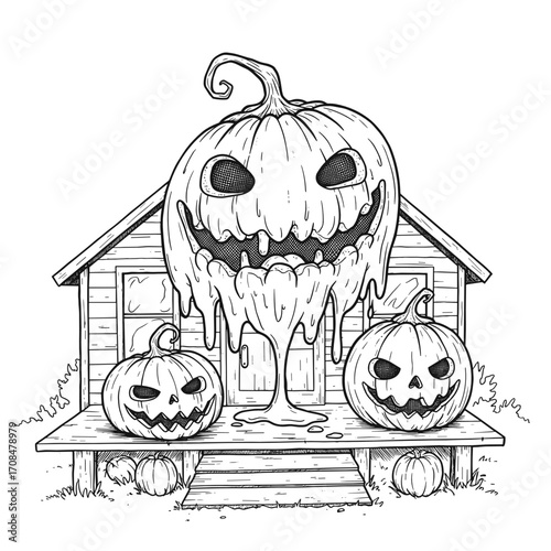Halloween-themed house with spooky melting pumpkins on porch  