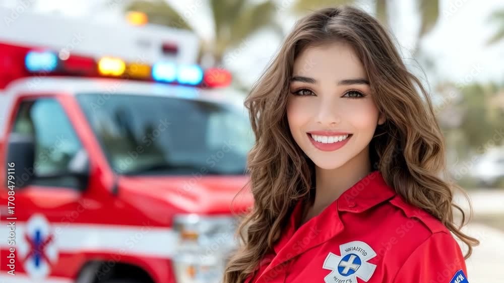 Young woman in red uniform smiles in front of an ambulance at a sunny beach location