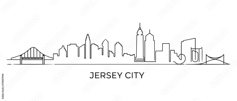 Fototapeta premium Jersey City Line Art skyline horizontal banner. Jersey City, New Jersey. Vector template for your design. with white background