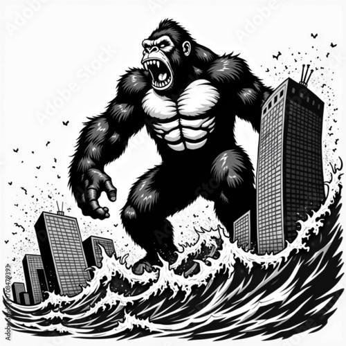 Primate Overload: A giant primate stands amidst a city inundated with the ocean's relentless surge, evoking the primal power of nature. 