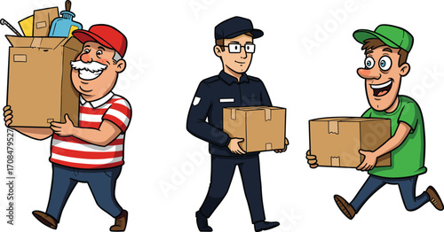 Cartoon men carrying boxes, delivery workers, mover illustration, vector characters, shipping jobs, parcel handling, logistics team, stock image, transportation concept