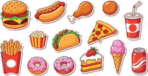 Fast food illustrations stickers set. Vector collection. Fast food cartoon icons. Hamburger, hot dog, pizza, taco,