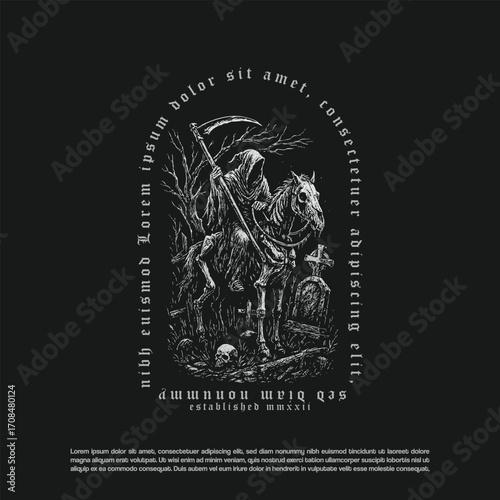 Grim reaper riding dead horse and holding scythe in the graveyard, dark art isolated on black background