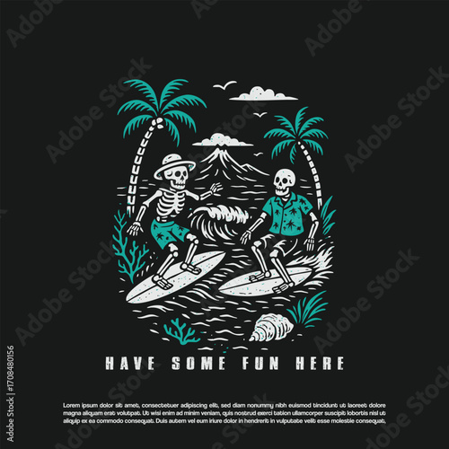 Retro hand drawn surfing skeleton in the beach sea vector