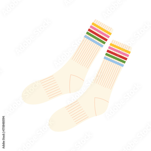 White socks with rainbow stripes. Decorative clothing accessory. Vector illustration isolated on white background.