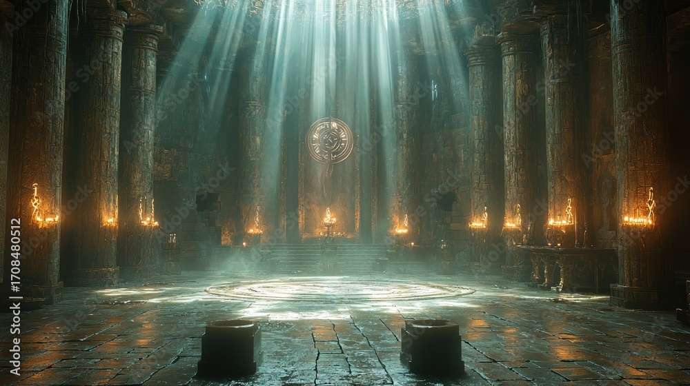Naklejka premium Mystical ancient temple interior with sunbeams.
