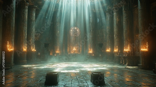 Mystical ancient temple interior with sunbeams.