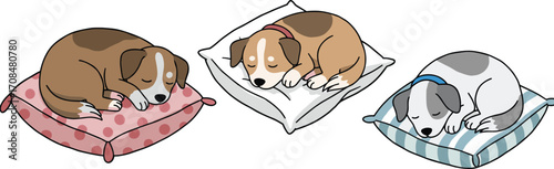 Sleeping cartoon dogs, cute pet illustration, cozy cushions, peaceful animals, vector art, dog nap time, adorable puppies, stock image, relaxation theme
