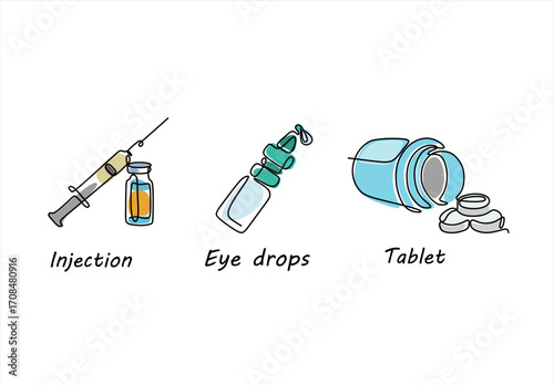 Medical Remedies Injection, Eye Drops, and Tablets. line icon-continuous line drawing. Editable stroke. 