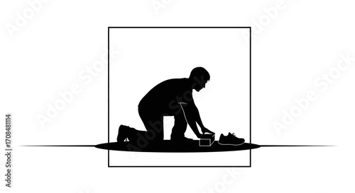 Determined athlete preparing for race, tying shoelaces with focus and intensity