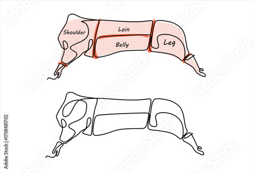 Butcher's Guide Cuts of Pork with Outlines. line icon-continuous line drawing. Editable stroke. 