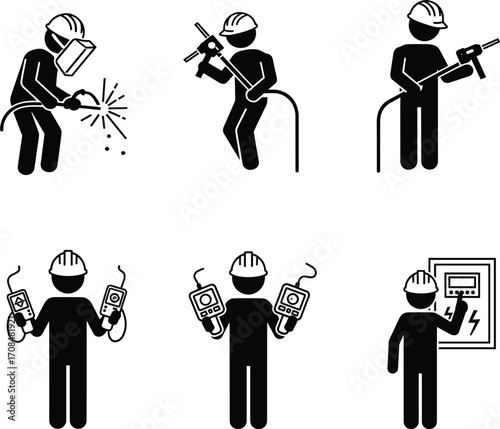 Industrial Worker Icons – Electrical and Mechanical Work Safety SymbolsIndustrial Worker Icons – Electrical and Mechanical Work Safety Symbols