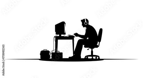 Determined gamer with headphones intensely focused on vintage computer screen, capturing digital worlds