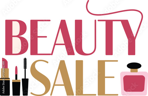 Elegant beauty sale graphic featuring makeup and perfume bottles for promotional use