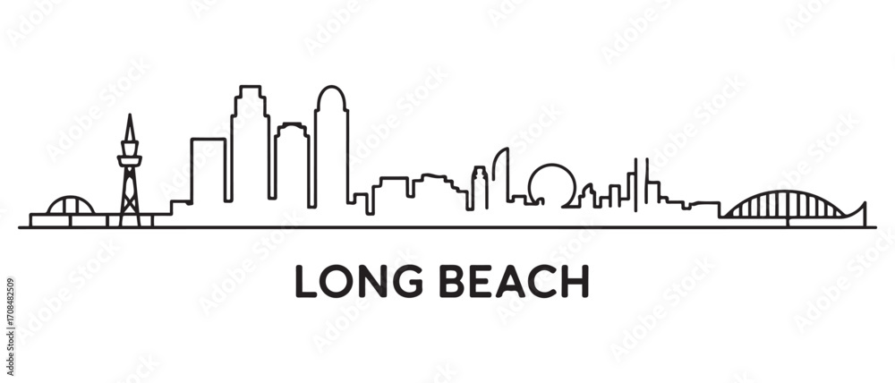 Fototapeta premium Long Beach Line Art skyline silhouette. Black Long Beach city design isolated. with white background