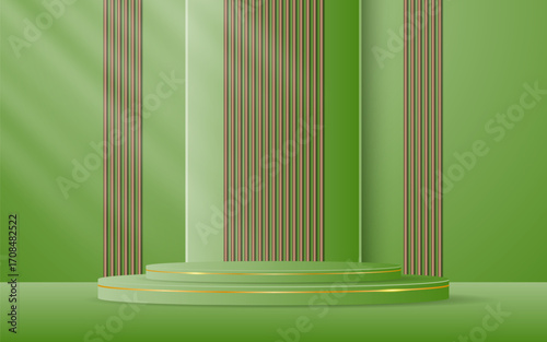 Green podium with elegant golden lines with brown slatted backdrop for advertisement display. Display of cosmetic products. stage or podium. vector illustration	