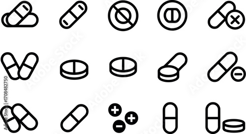 Set of 15 minimalist black line art icons representing pills capsules and tablets vector