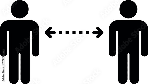 Simple black and white icon showing two figures maintaining social distancing symbolizing safety measures vector