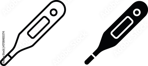 Simple digital thermometer icons line art and solid silhouette medical device concept vector