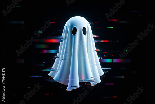 Ethereal Glitch Ghost:  Cyberpunk Halloween Spooky Digital Art, Dark Background