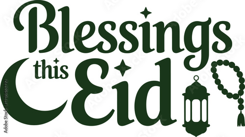 Eid blessings with crescent moon lantern and prayer beads islamic design graphic