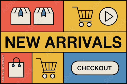 Vibrant minimalistic graphic announcing new arrivals for online shopping and e-commerce