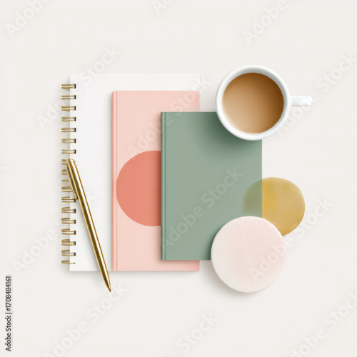 Elegant flat lay workspace, soft pastel colors, representing creativity and productivity, with copy space