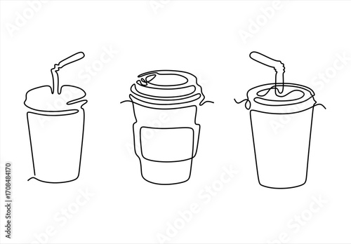 Coffee cups in one line drawing, minimalist concept. line icon-continuous line drawing. Editable stroke. 