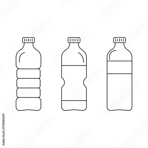 Plastic bottle icon set vector illustration, water bottle line art, beverage container outline, drink packaging design, eco-friendly concept.