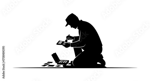 Focused investigator meticulously examines evidence scattered on ground, planning next move with strategic brilliance.
