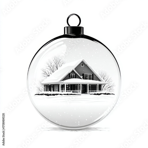 Festive Christmas ornament, serene and wintry, featuring a snowy house inside on a white background with copy space