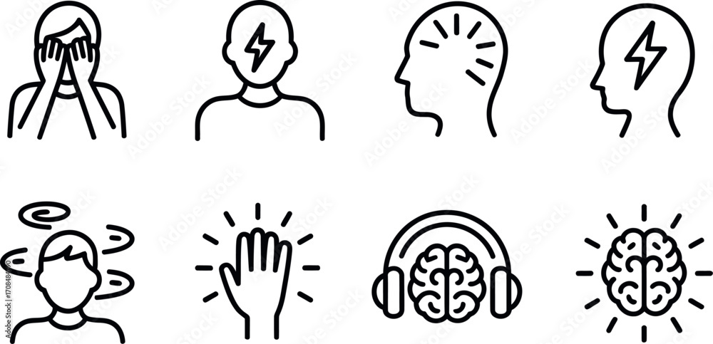 Naklejka premium Set of eight minimalist line art icons representing mental health and brain activity concepts vector