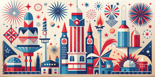 USA independence day patriotic flag pattern design on a city building background